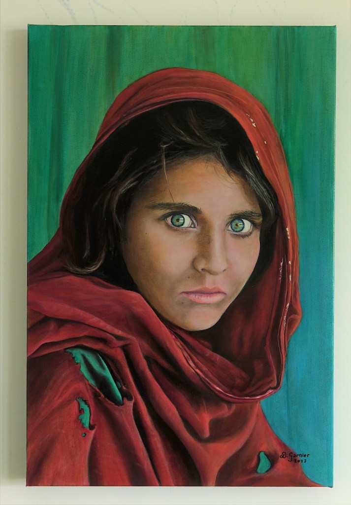 Peinture Denis Garnier - juillet 2023
La jeune Afghane aux yeux verts, d'après la célèbre photo de Steve McCurry, prise en 1984.